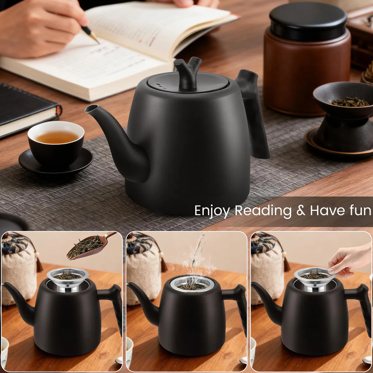 Teiera con Infusore 2 Litri, Teiera Termica, 10-12 Tazze, Teiera in Acciaio Inossidabile a Doppia Parete per Tè Sfuso, Zenzero e Miscele di Erbe