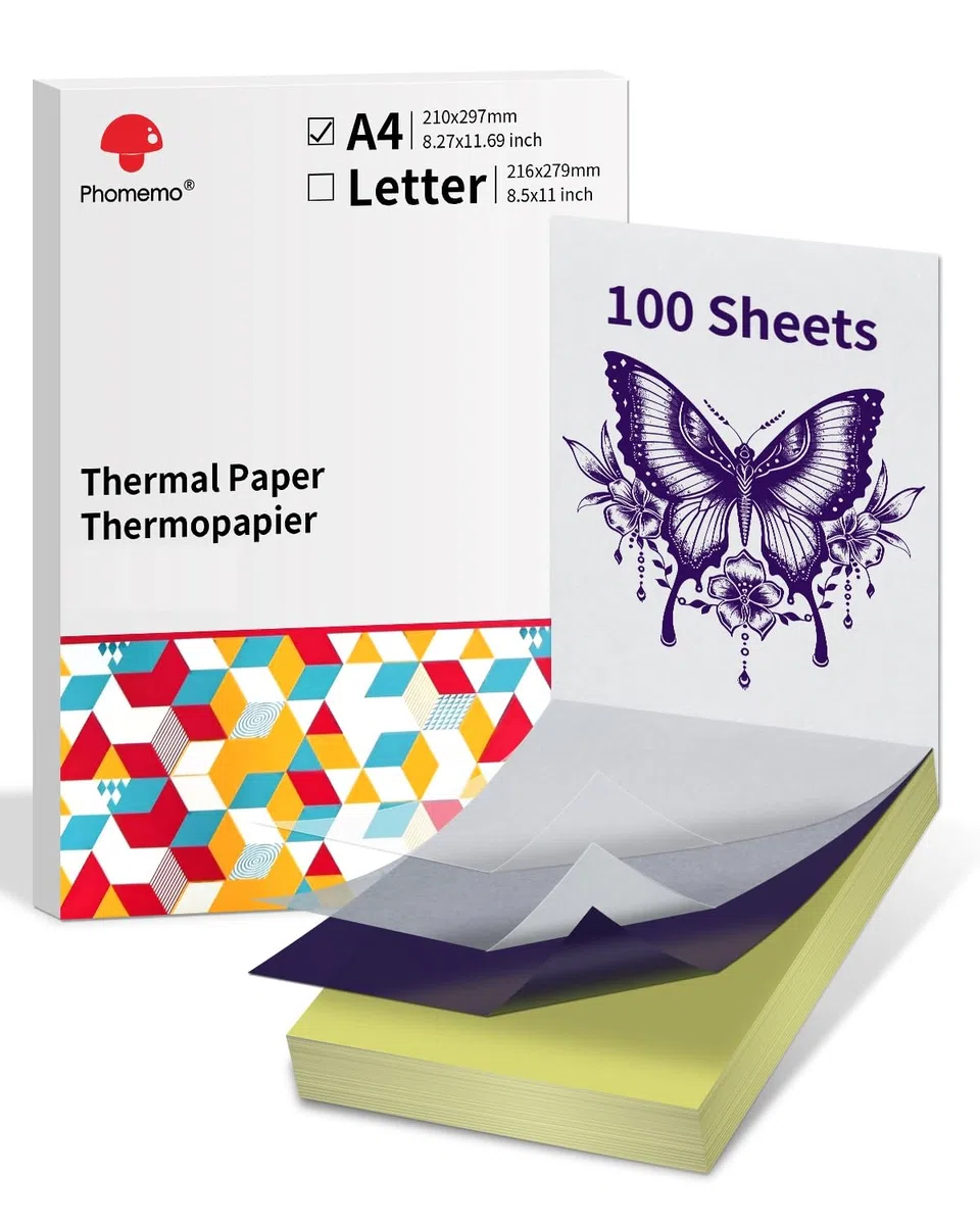 Phomemo Trasferimento Stencil,Tattoo Stencil Paper,100 Fogli Carta per Tatuaggi,Trasferimento di Tatuaggi A4 Tattoo Transfer Papier Compatible with M08F TP81 TP83 TP88 Stampante per Tatuaggi