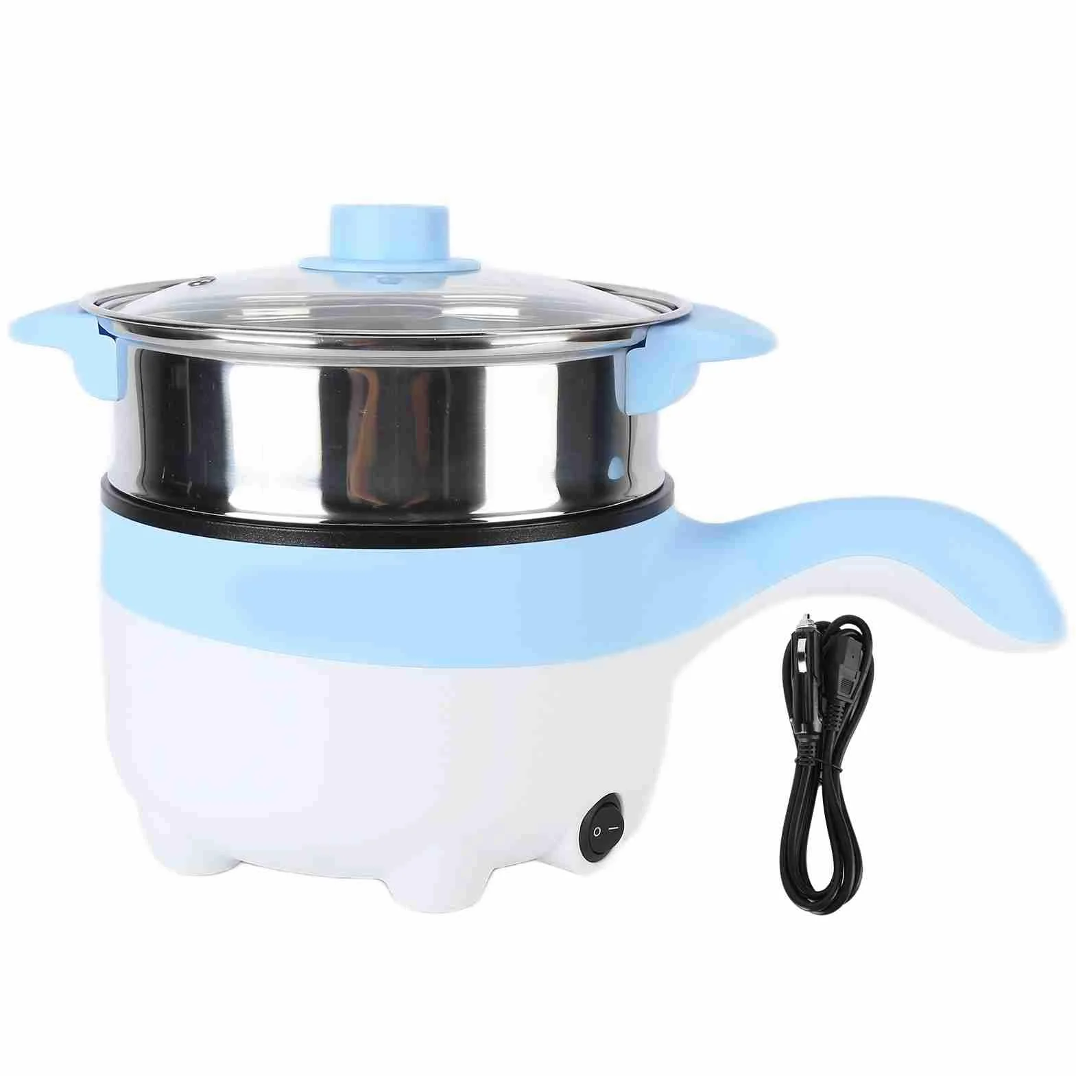Pentola Elettrica per Auto 24V 2L Pentola Calda Mini Padella Antiaderente in Acciaio Inox con Coperchio per Pasta All' Tagliatelle(Padella elettrica 24V 2 litri celeste)