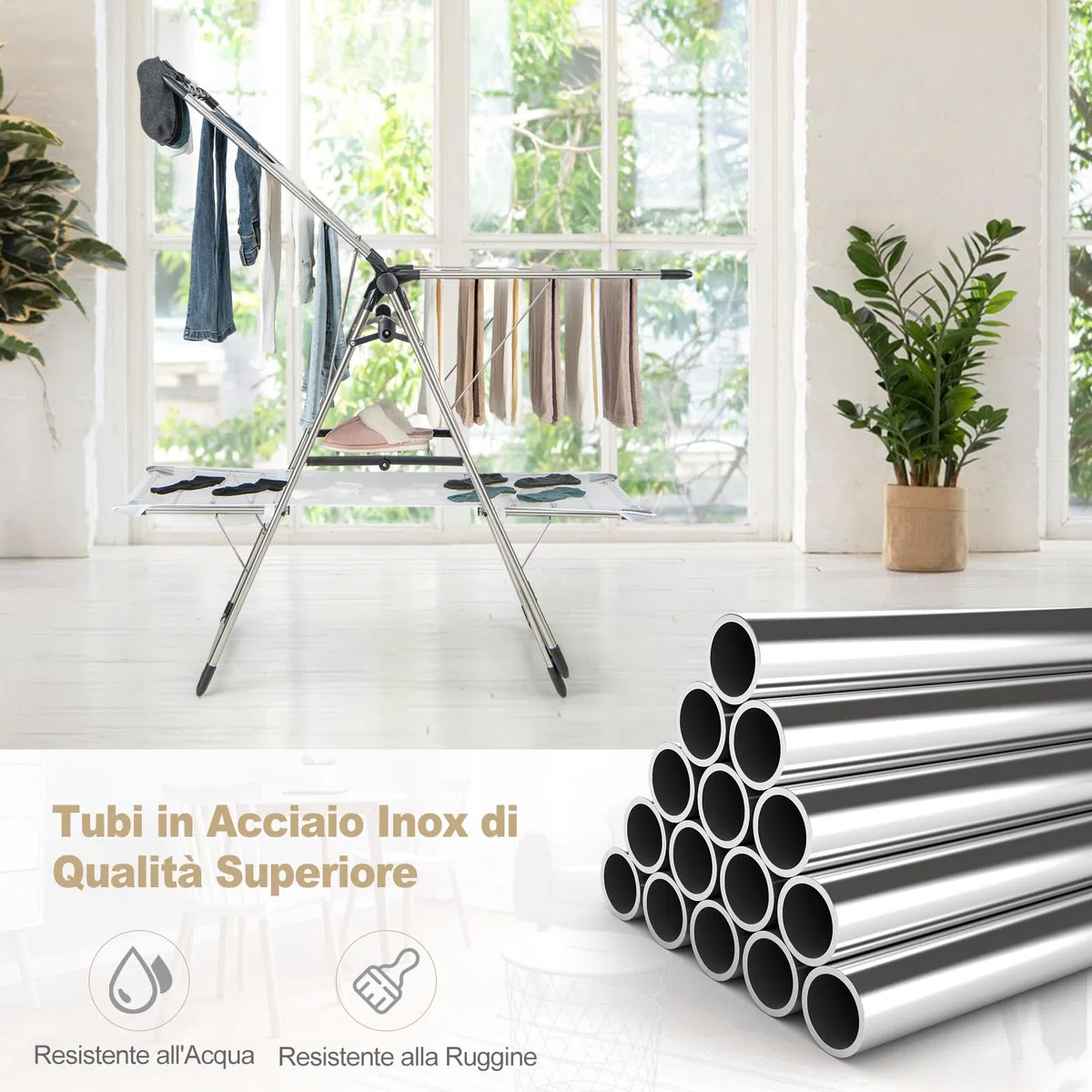 COSTWAY Stendibiancheria da Pavimento Pieghevole, Stendino a 2 Piani con Barra per Appendere, Ala Regolabile in Altezza, Clip per Calzini, Gancio per Scarpe, Stendibiancheria per Interno ed Esterno