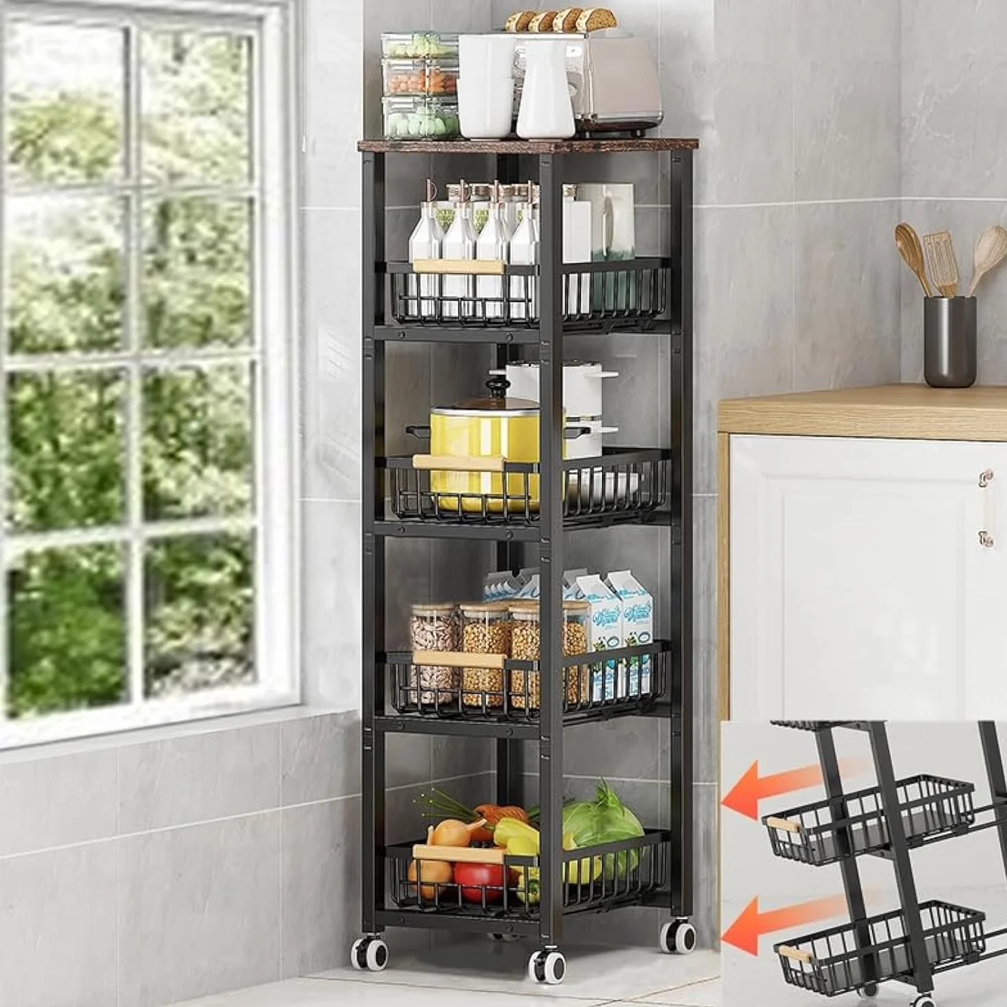 Cesti di Filo di Metallo con Ruote, Contenitore impilabile Cucina Organizzatore Scaffale, Vassoio multistrato di frutta e verdura rack indipendente con cassetto scorrevole estraibile