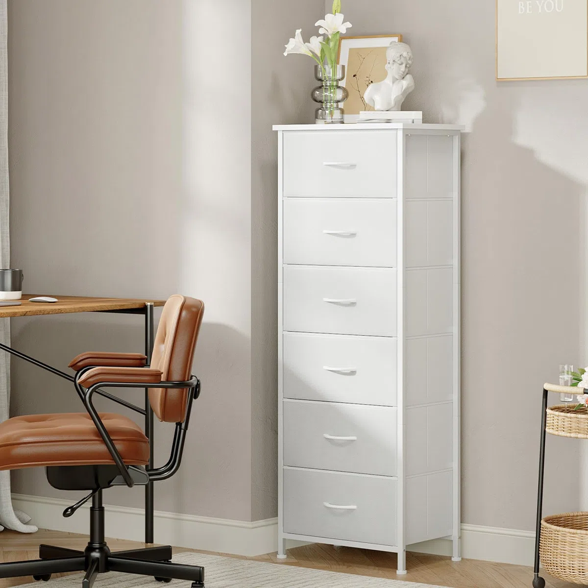 Somdot Cassettiera Camera da Letto in Tessuto, Mobiletto Salvaspazio, Settimino per Soggiorno, Studio, Cameretta, Ingresso, 30P x 42l x 115H (6 Cassetti), Bianco