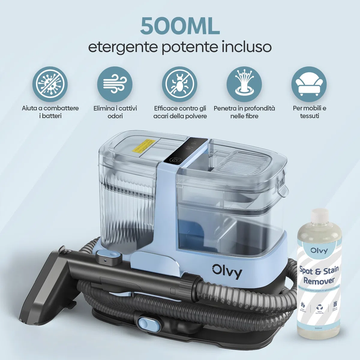 Olvy Pulitore Tappeti 2.0 – Potente Rimuovi Macchie 17.000 PA con Tubo 1,6m, Cavo 4m, Funzione Autopulente & 500ml Soluzione Pulente – Tappeto, Divano, Materasso & Auto