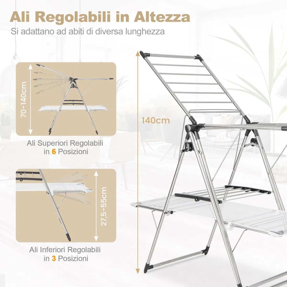 COSTWAY Stendibiancheria da Pavimento Pieghevole, Stendino a 2 Piani con Barra per Appendere, Ala Regolabile in Altezza, Clip per Calzini, Gancio per Scarpe, Stendibiancheria per Interno ed Esterno