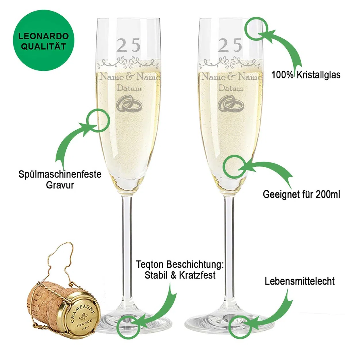 Leonardo Bicchieri da champagne con incisione - Nozze d'argento 25 anni - Personalizzabile con nome e data - Regalo per lei e lui per matrimonio, fidanzamento, anniversario - Colore: champagne