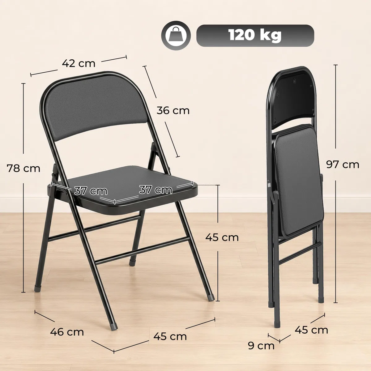 HOMCOM Set di 4 Sedie Pieghevoli Imbottite in Finta Pelle PU, Sedie Richiudibili Salvaspazio in Acciaio, Sedia Pieghevole da Interno per Casa, Ufficio, Festa ed Eventi, 45x46x78 cm, Nero