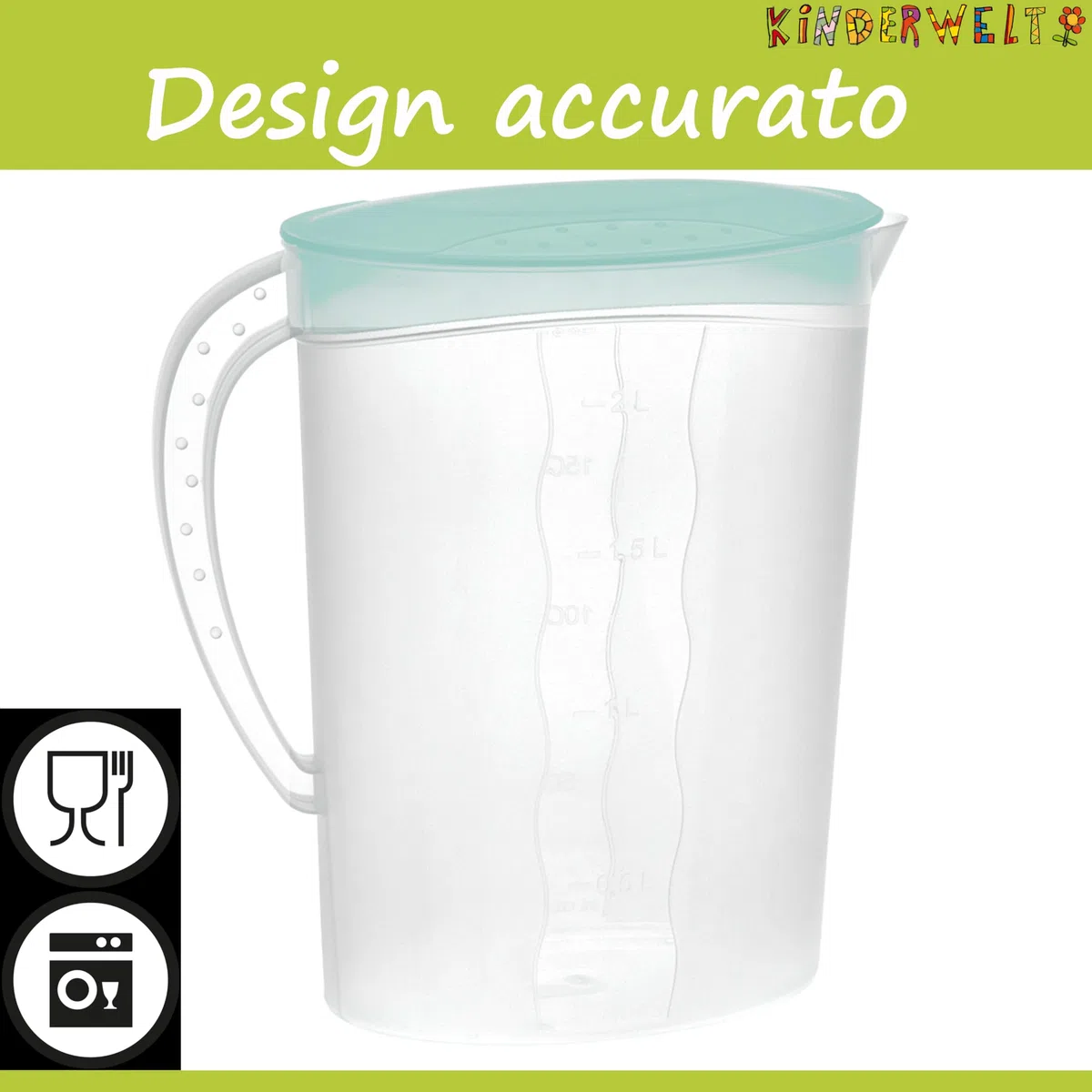 KiNDERWELT Caraffa per succo da 2 litri, in plastica, con coperchio, con inserto per frutta e scala, per porta del frigorifero, caraffa per acqua per bevande fredde come succo, tè freddo