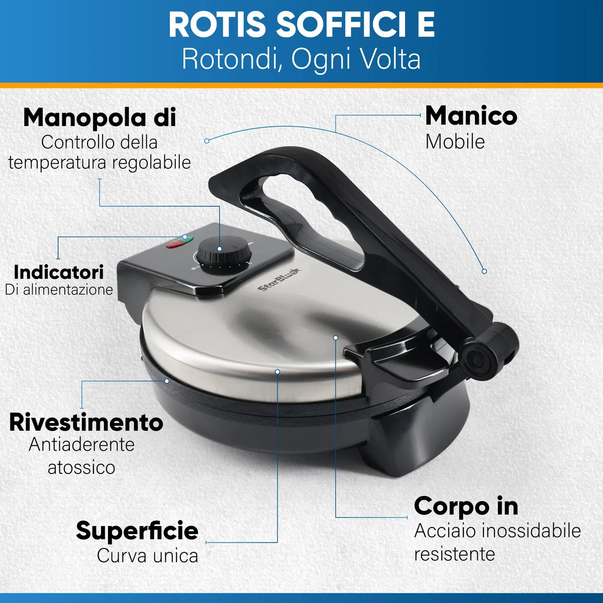 StarBlue Roti-Maker 25,4 cm con riscaldatore Roti gratuito e manico rimovibile - Indian Chapati Tortilla, Roti AC220-240 V 50/60 Hz 1200 W, spina europea