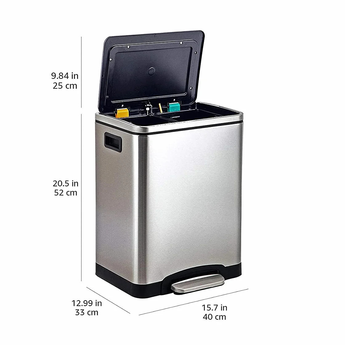 Amazon Basics Pattumiera 30 L (2 x 15 L) Rettangolare con due scomparti e pedale in tubo d'acciaio - chiusura ammortizzata con coperchio, per cucina, bagno o ufficio, in acciaio inossidabile