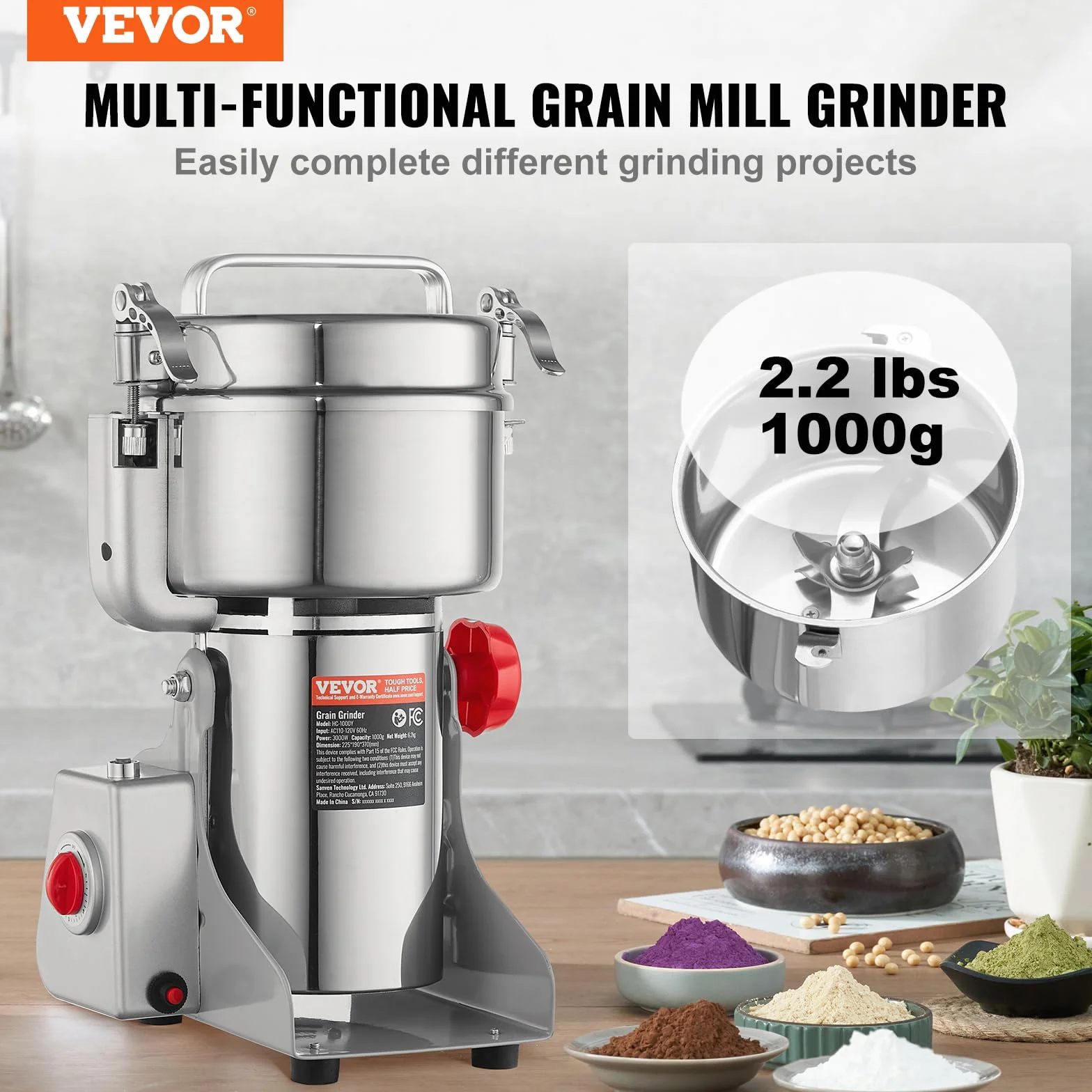VEVOR 1000g Mulino Elettrico per Cereali, Macina Spezie Commerciale Alta Velocità 3000 W, Macchina Polverizzazione in Acciaio Inox, per Cereali Secchi, Spezie, Caffè, Mais, Pepe, Tipo Oscillante