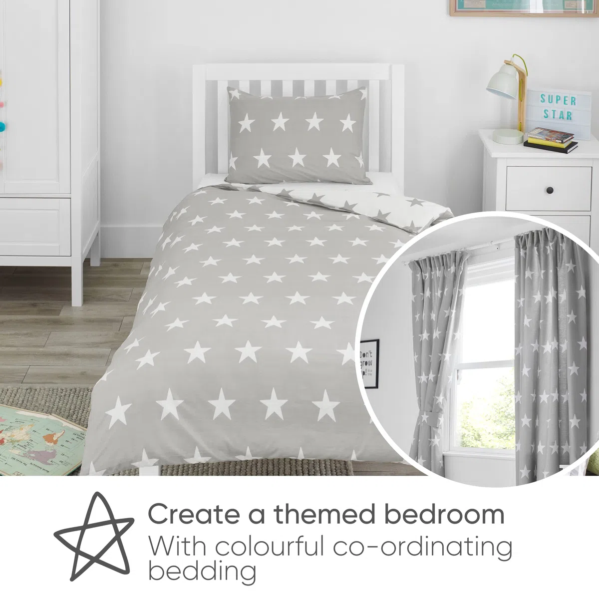 Bloomsbury Mill - Stelle Grigie e Bianche - Coppia Di Tende Foderate Per Bambini Con Fermatenda - 168 cm x 183 cm
