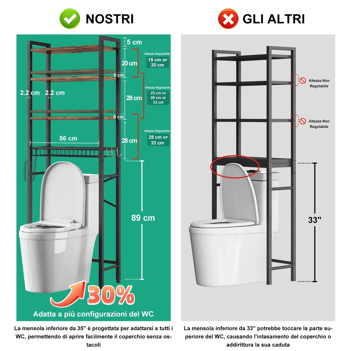 Kalrin Scaffale da Bagno, Scaffale Multifunzionale Regolabile a 4 Livelli, Scaffale Sopra il WC con Cestini, Scaffale Salvaspazio, Facile da Montare - Marrone Vintage