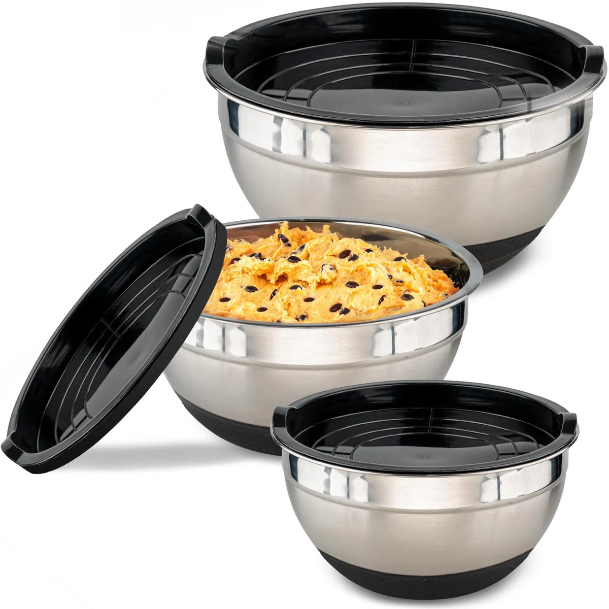 Praknu 3 Ciotole in Acciaio Inox da Cucina con Coperchio - Antiscivolo - Ermetiche - Graduate - Impilabili - Ideali per Impastare e Frullare