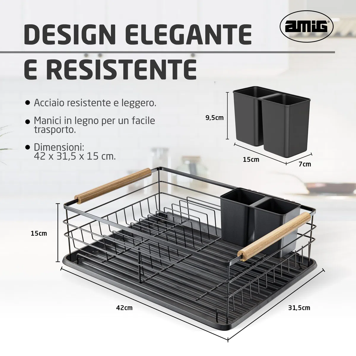 Amig - Scolapiatti Graz - 42 x 31,5 x 15 cm - Acciaio con Manico in Legno - Colore Nero - Scolapiatti con Vassoio di Sgocciolamento e Supporto per Posate - Capacità per 10 Piatti e 6 Bicchieri