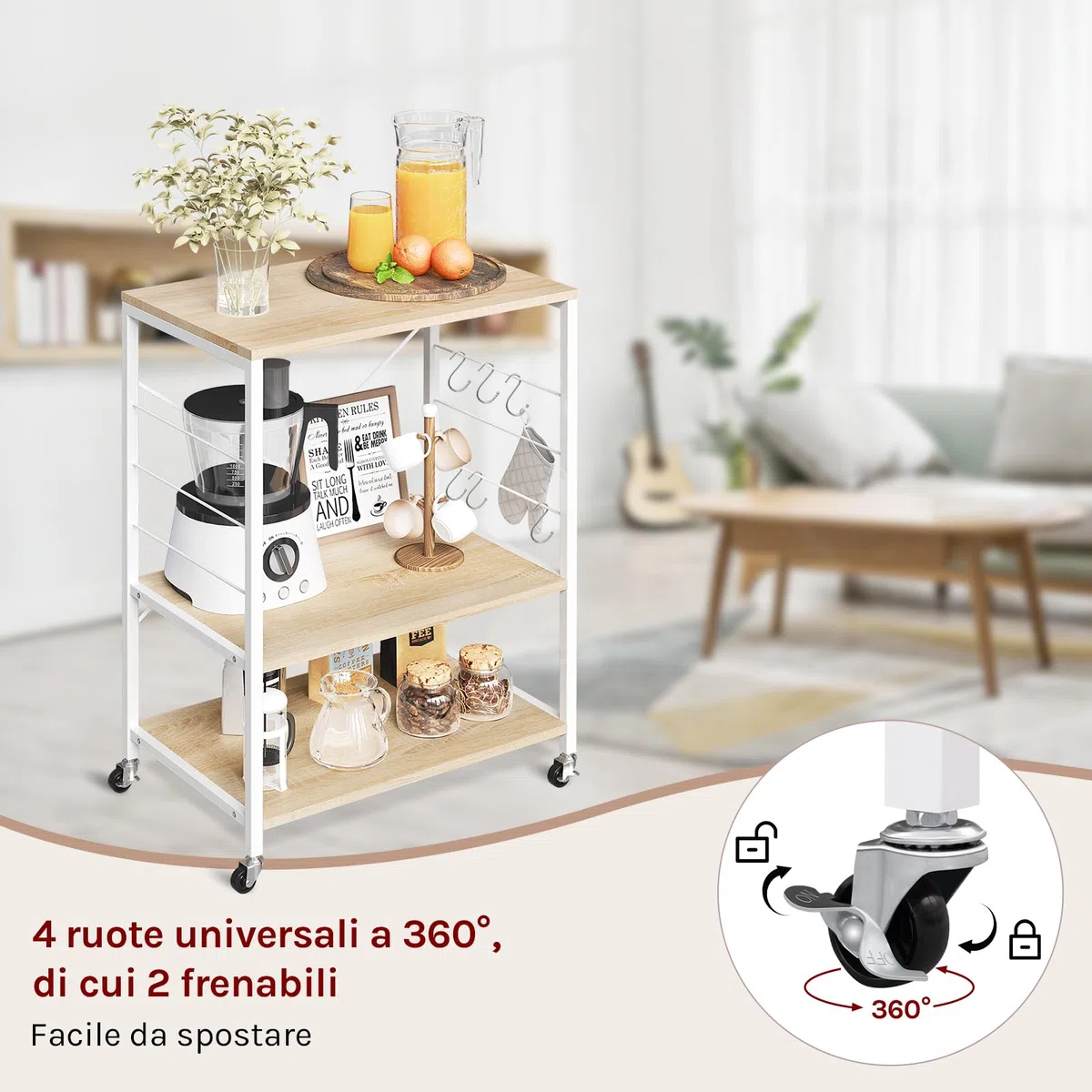 WOLTU Scaffale da Cucina con Ruote, Carrello Cucina a 3 Livelli, Scaffale per Microonde con 4 Ganci, Carrello da Bar con Struttura in Metallo, Bianco + Effetto Legno, 60x40x82,5 cm