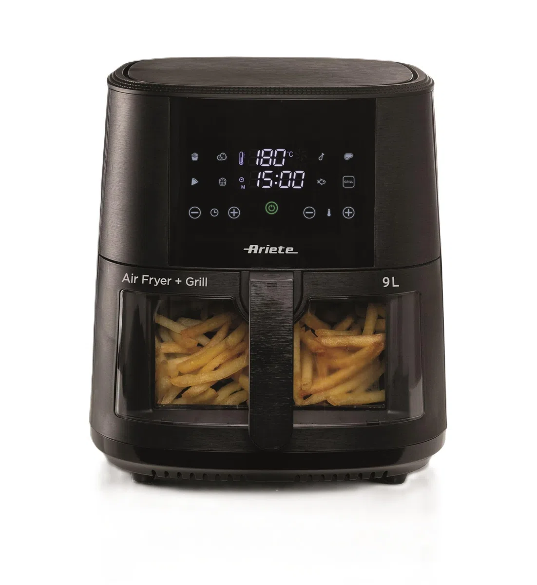 Ariete 4630 Friggitrice ad aria 9L, 1500 W, Capacità 9L, Capacità di cottura 2,5kg, 8 programmi preimpostati, Temperatura fino a 200°, Cestello trasparente, BPA Free, Nero