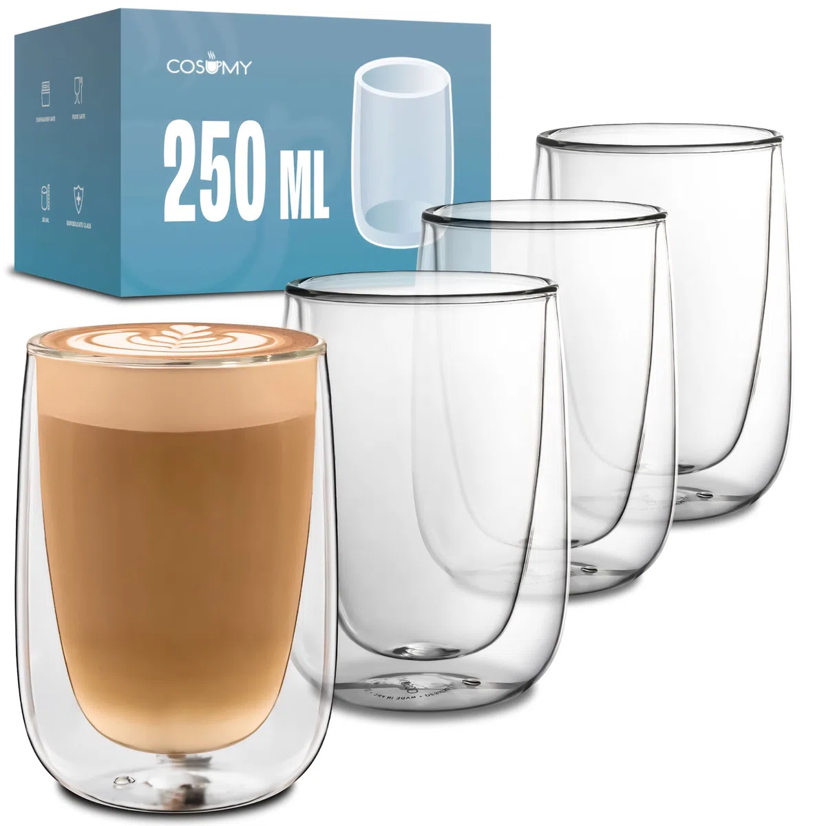 Cosumy 4 Bicchieri a Doppia Parete da 250ml per Cappuccino - Mantengono la Temperatura - Proteggono le Mani - Con Confezione Regalo