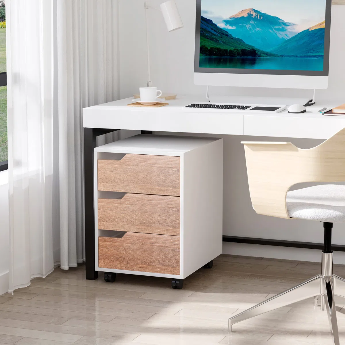 HOMCOM Cassettiera da Ufficio Portadocumenti a 3 Cassetti con Maniglie a Scomparsa, Armadietto da Ufficio a 4 Ruote in Legno e Metallo, 40x50x57.5 cm, Legno e Bianco