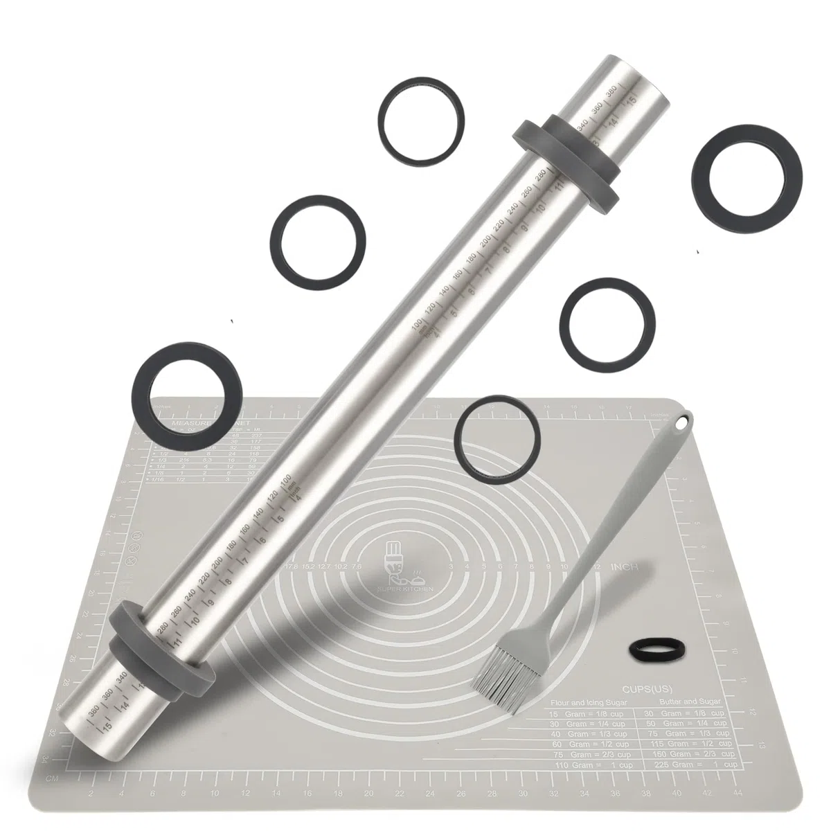 SUPER KITCHEN Mattarello in Acciaio Inox Con 5 Dischi Regolabili Anello, Stuoia di Rolling della Pasticceria del Silicone Antiaderente Tappetino da Forno Spianatoia per Impastare (50x40cm, Grigio)