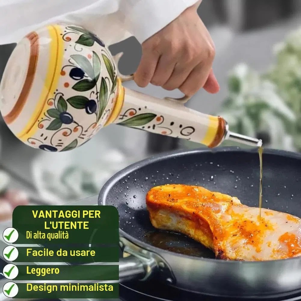 Oliera decorativa in ceramica per olio d'oliva, 500 ml, dipinta a mano, con beccuccio in acciaio inox, per oli, salse, aceto
