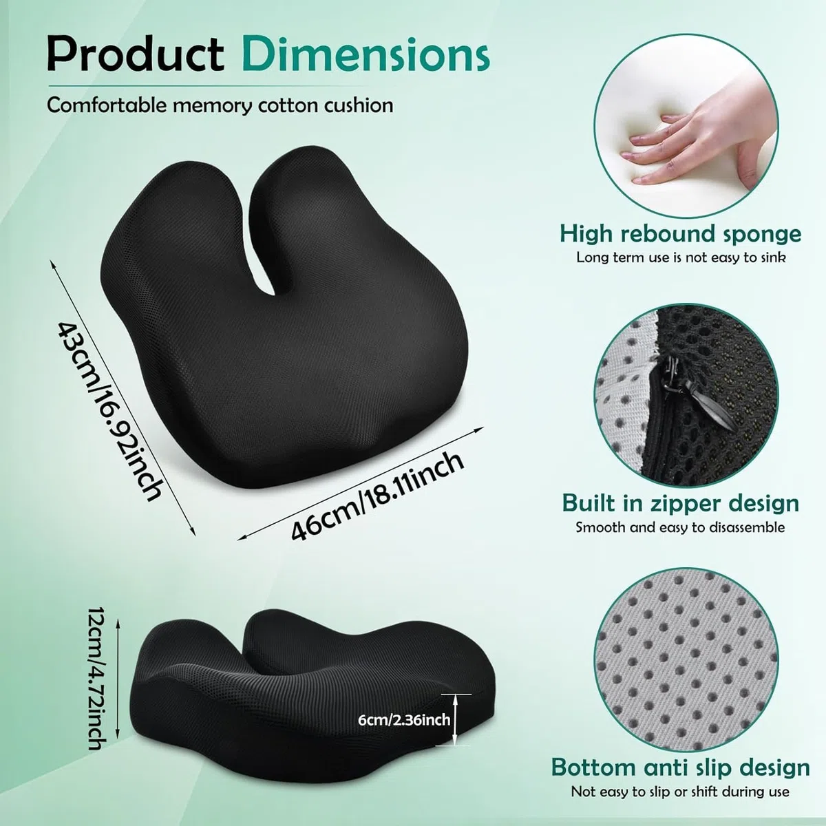 Cuscino Sedia Ufficio, Cuscino Ergonomico Memory Foam, Cuscino Ortopedico Seduta per Coccige, Allevia Sciatica e Dolori Lombari, Fodera Lavabile Antiscivolo, per Ufficio Casa Auto (Nero)