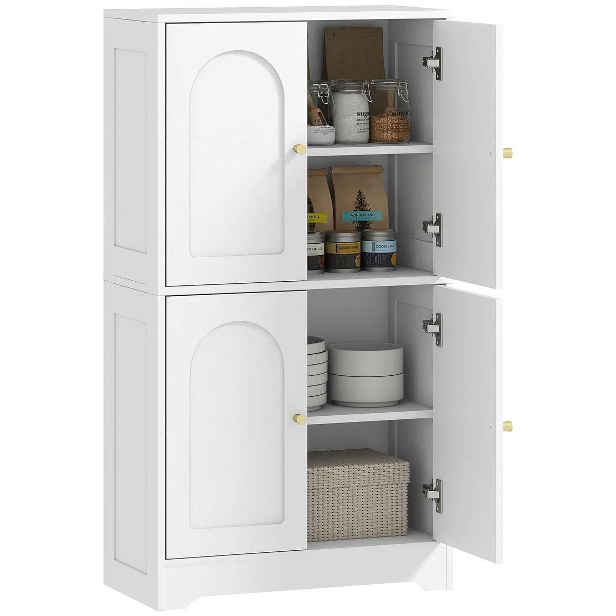 HOMCOM Credenza Cucina, Mobile Cucina Dispensa con 2 Armadietti, 4 Ante ad Arco, 2 Ripiani Regolabili, con Dispositivo Antiribaltamento, 60x30x110 cm, per Sala da Pranzo, Soggiorno, Bianco