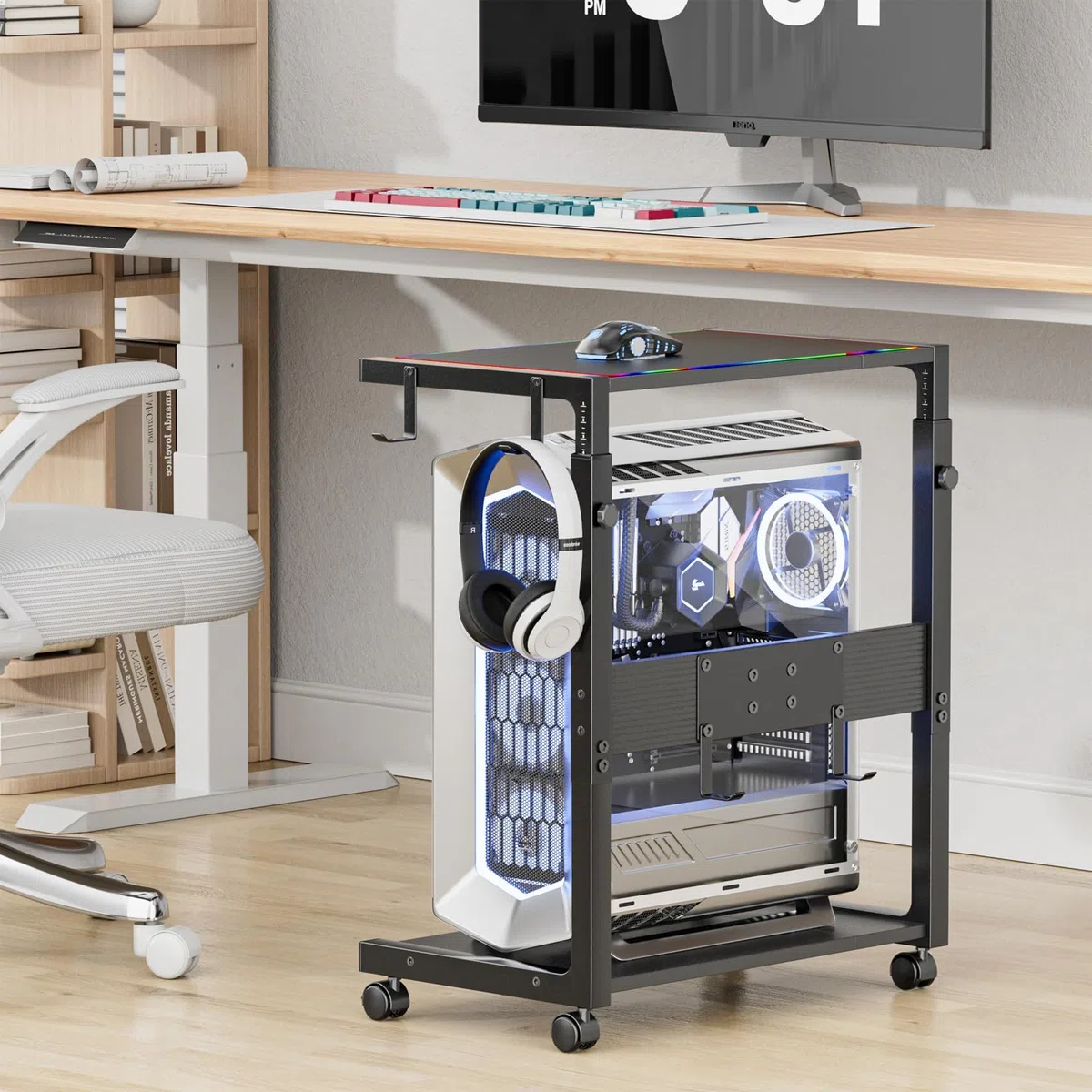 JANE EYRE Supporto per PC Tower - Supporto per PC Tower regolabile in altezza, supporto per CPU, carrello con ruote e 4 ganci per ufficio domestico e aula, 58,5-71,9 cm H, Nero