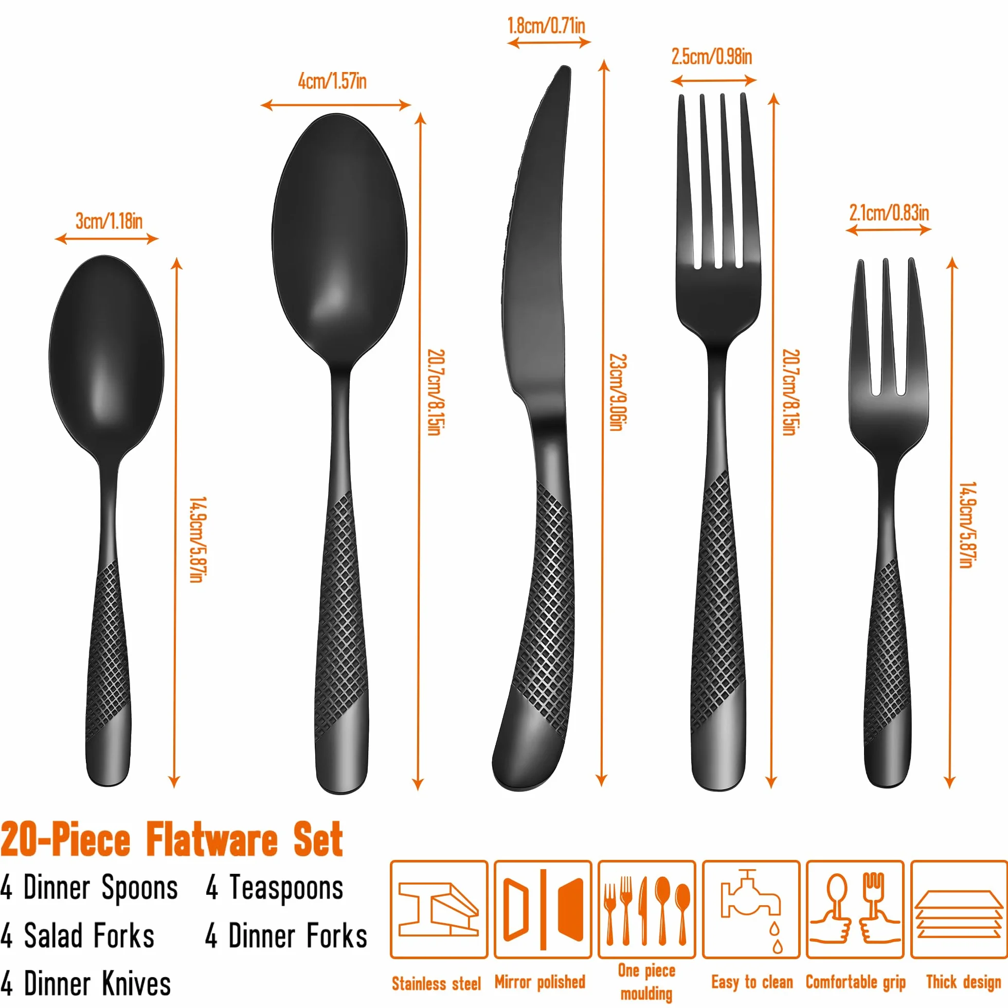 Set di posate per 4 persone, 20 pezzi, in acciaio inox, nero opaco/set di posate con coltello, forchetta, cucchiaio di alta qualità, lavabile in lavastoviglie