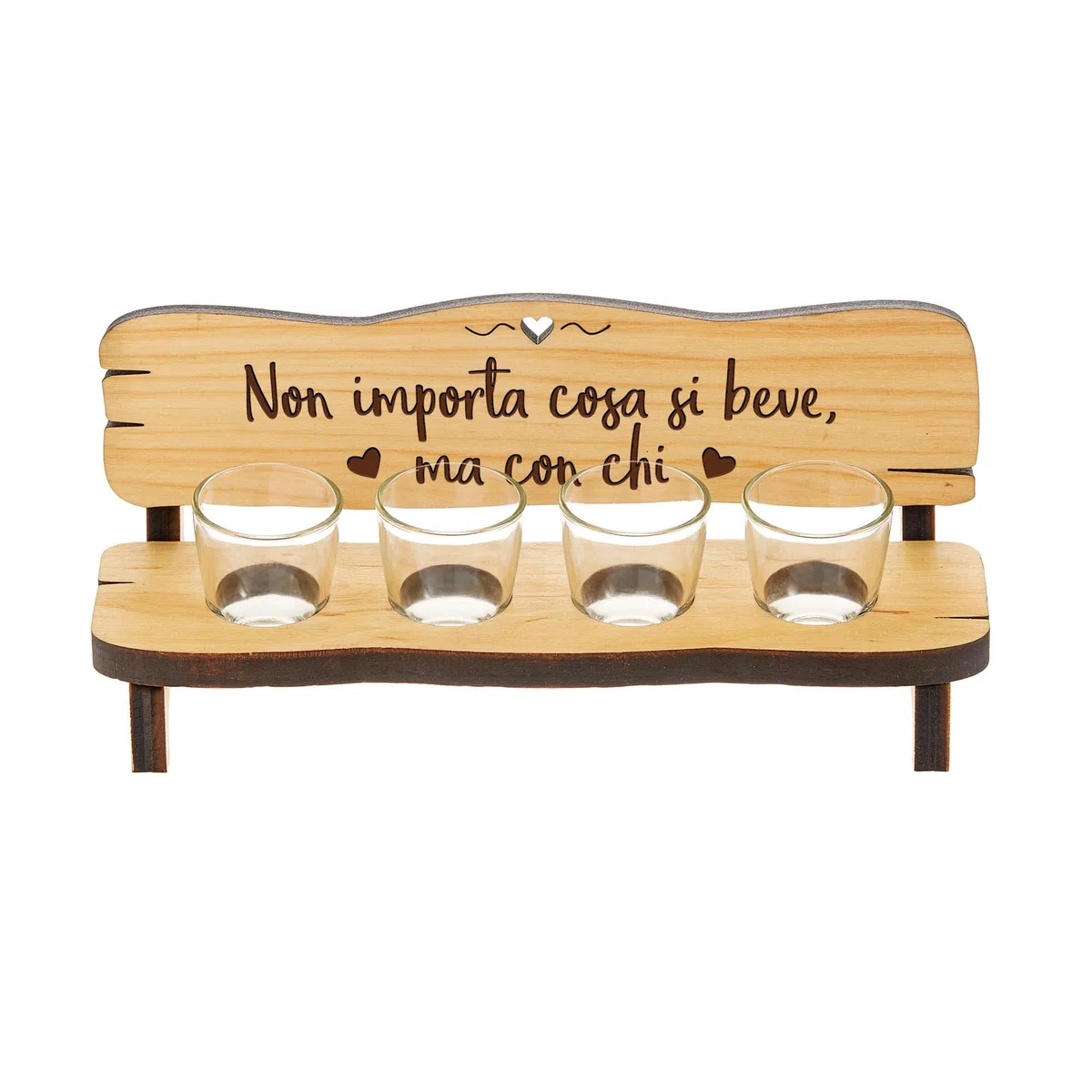 Casa Vivente Panchina per Shot in Legno con 4 Bicchierini in Vetro Inclusi, Incisione Non Importa Cosa Si Beve, Accessori Decorativi, Idea Regalo Originale per Anniversari, Matrimoni o Compleanni