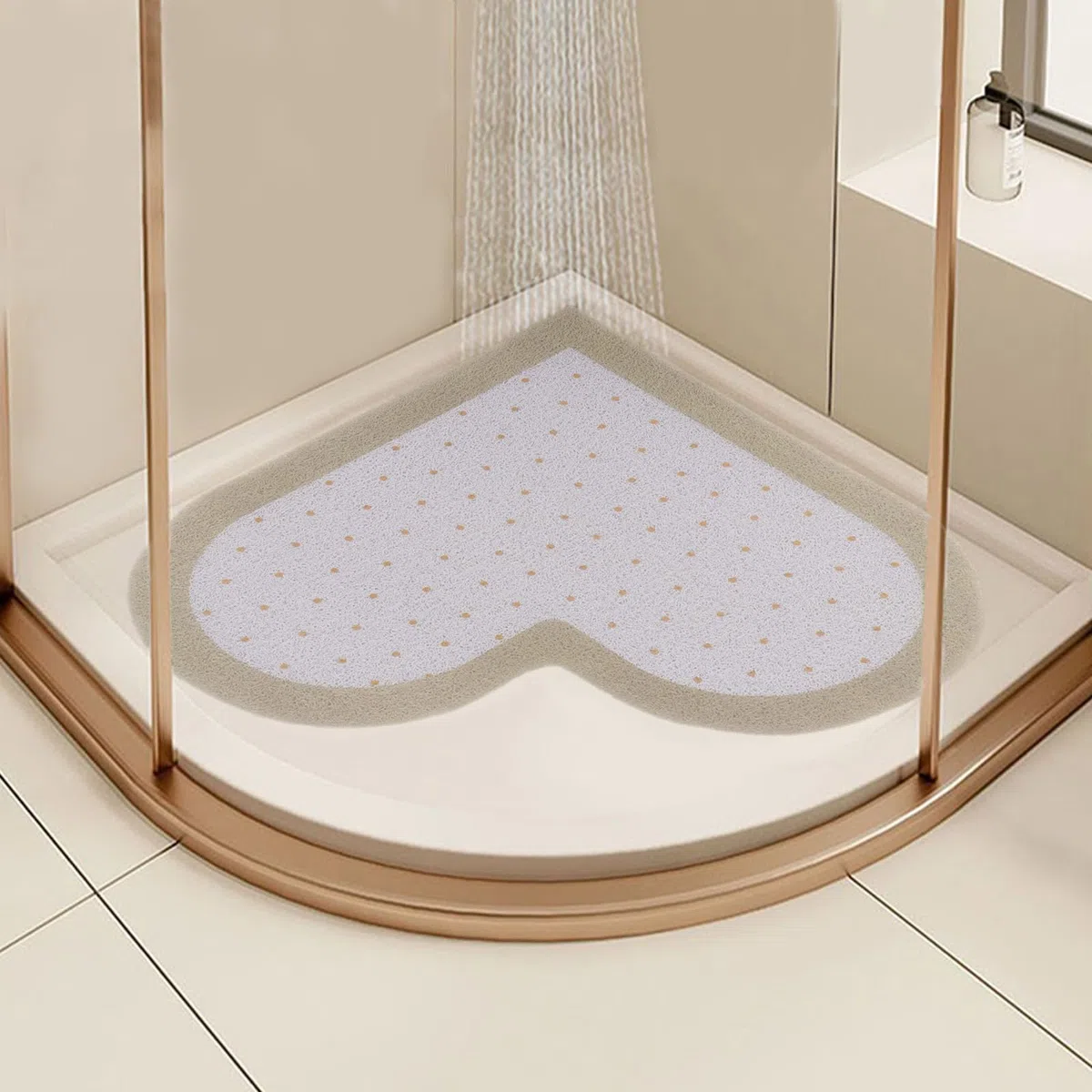 Tappetino Doccia Angolo Antiscivolo Antimuffa, 60x60 cm Tappetini Doccia a Forma di Cuore per Doccia Interno, Tappetini Bagno in PVC Asciugatura Rapida, Khaki + Bianco