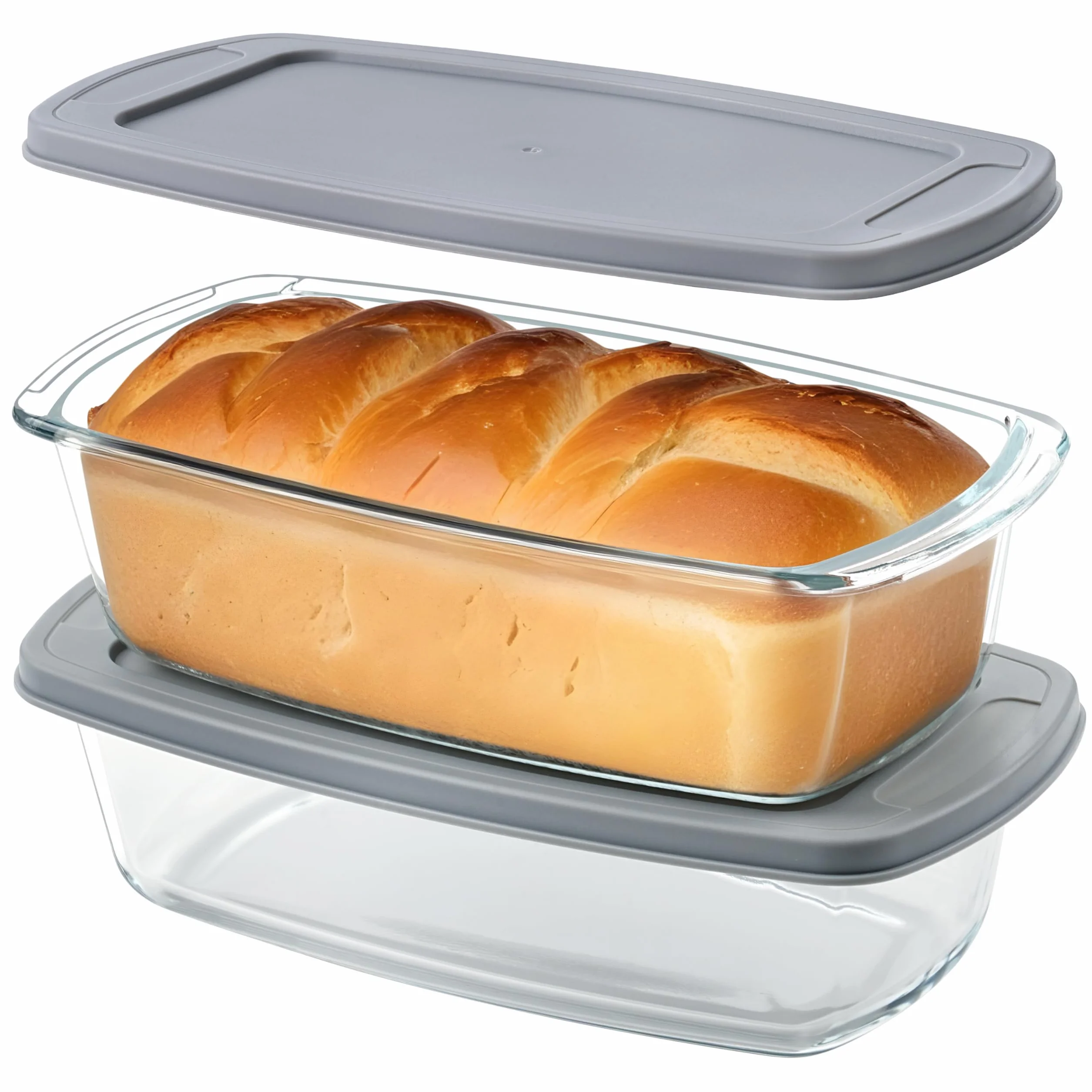 Winter Shore Pirofila Vetro 1,8 l (2 Pezzi) - Teglia per Pane in Cassetta Grande Antiaderente con Coperchio e Manici - Microonde, Forno, Congelatore, Lavastoviglie, Senza BPA - Stampo Pane in Cassetta