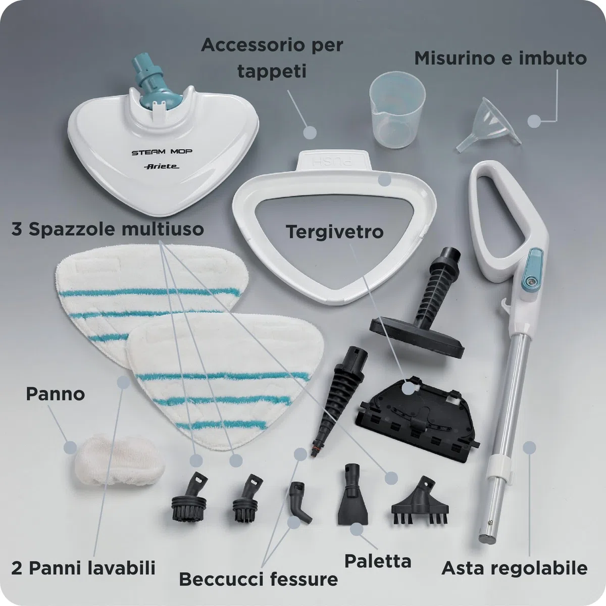 Ariete 4164 Steam Mop 10in1, Scopa Lavapavimenti a Vapore, 1500 W, Capacità 350 L, Vapore Immediato, Autonomia, Testa Snodabile, Bianco/Azzurro