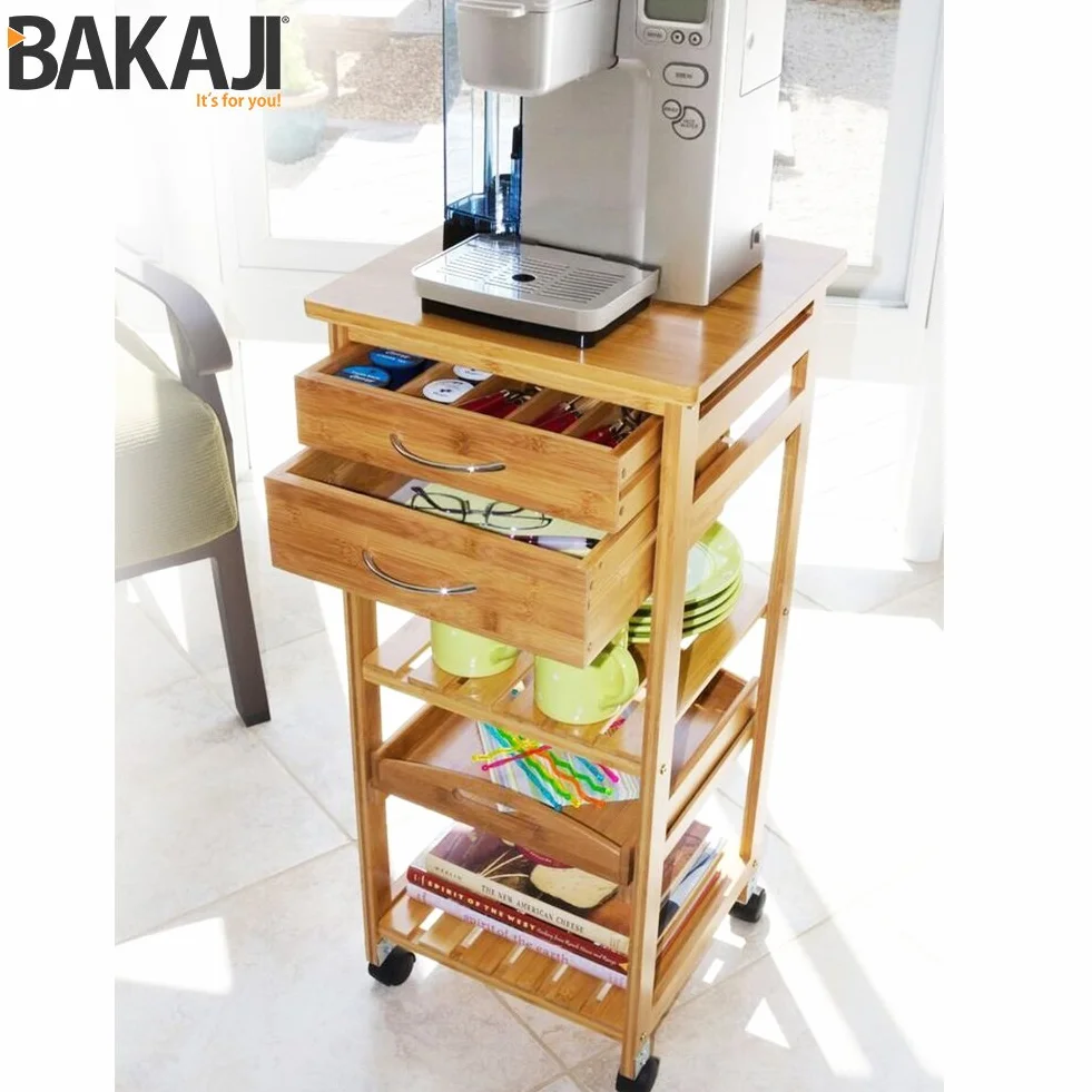 BAKAJI Carrello Cucina in Legno di bambù con Ripiano Top Solido Tagliere utile per appoggio Macchina da caffè, Tavolino Cucina da Servizio in Bamboo 4 Ruote girevoli,Vassoio Estraibile, 3 Ripiani