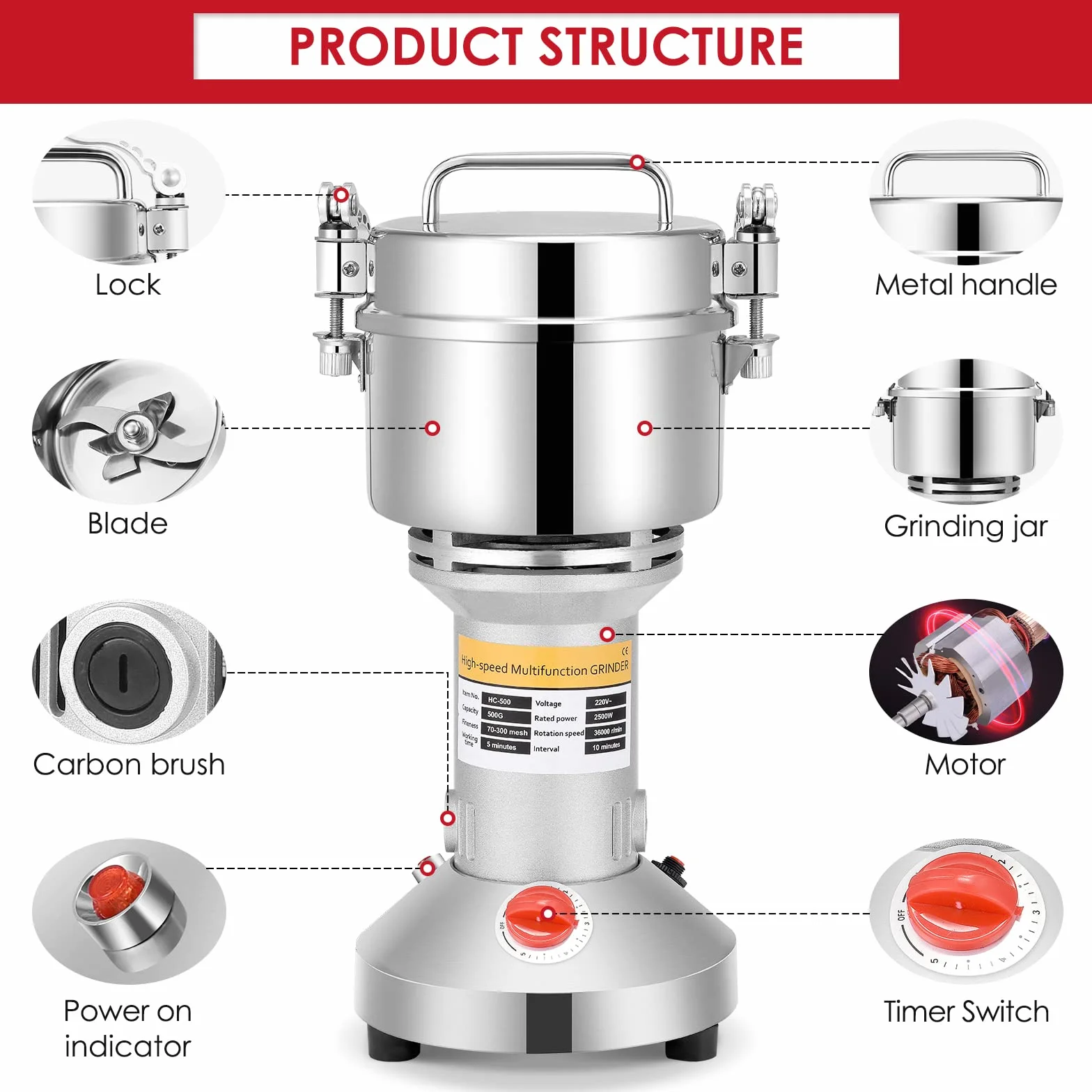 Mulino per Cereali 500g,trita pietre 2500W Portable Grinder 220V 3 Lame Riso a Macinazione Rapida, Sesamo, Cereali integrali