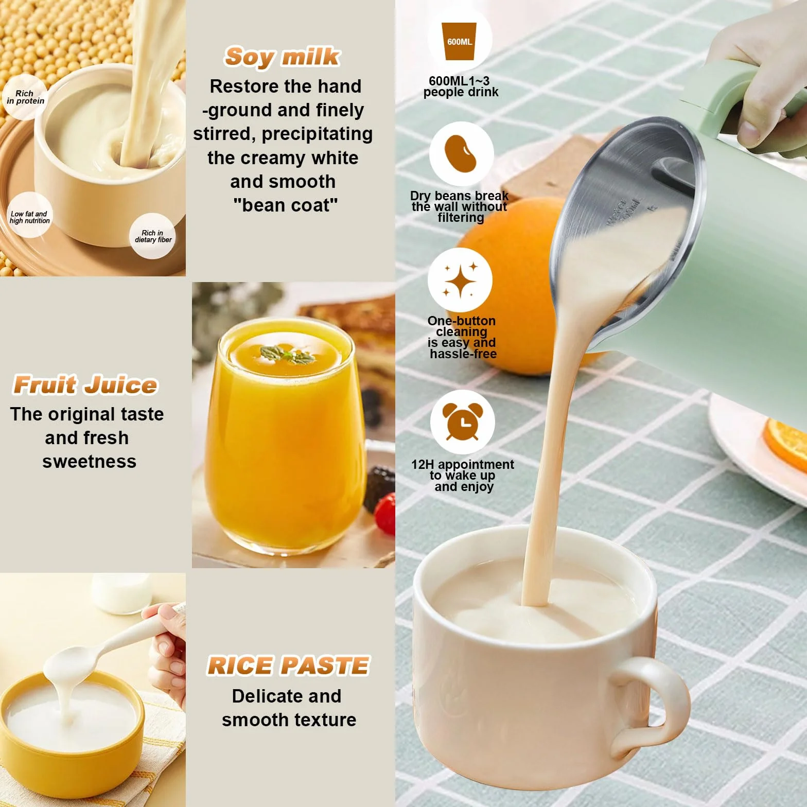 Macchina per Latte di Soia, 600ml Latte Vegetale Macchina con Pulizia Automatica, Multifunzionale Digital Nut Oat Milk Soup Maker, 304 Acciaio Inossidabile, per Zuppe, Latte di Soia (Verde)