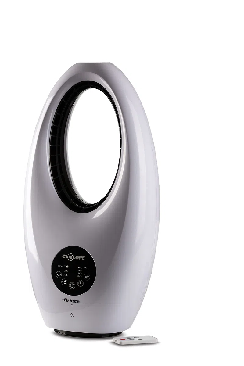 Ariete 803 Ventilatore Digitale Ciclope, Senza pale, 60W, Da tavolo, Silenzioso, Funzione oscillazione, Timer fino a 7,5 h, 3 velocità, Luce led, Bianco