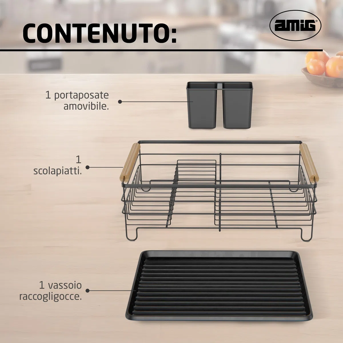 Amig - Scolapiatti Graz - 42 x 31,5 x 15 cm - Acciaio con Manico in Legno - Colore Nero - Scolapiatti con Vassoio di Sgocciolamento e Supporto per Posate - Capacità per 10 Piatti e 6 Bicchieri