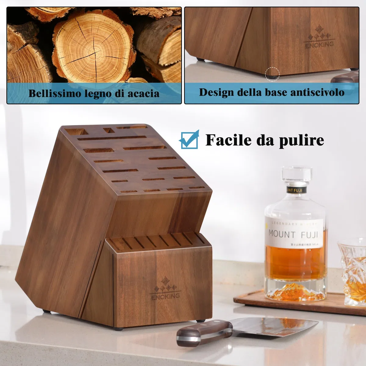 ENOKING Porta Coltelli Cucina, 25 Slot Portacoltelli da Cucina in Acacia per Bancone della Cucina, Ceppo Coltelli Vuoto di alta Qualità per Coltelli e Cesoie per Pollame/Acciaio per Affilare