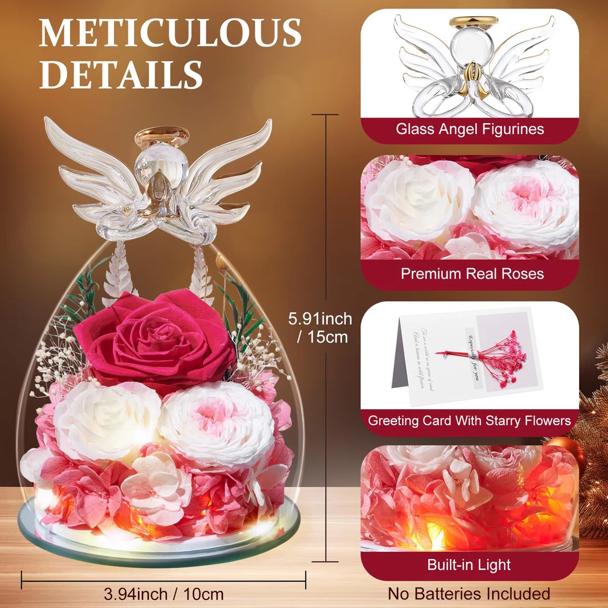 Touloube Festa della Mamma Rosa Stabilizzata Vera Regalo, Regalo Rosa Eterna con Angelo e Luci LED, Regalo Compleanno Anniversario San Valentino per Fidanzata, Moglie, Mamma, Donna, Madre, Nonna