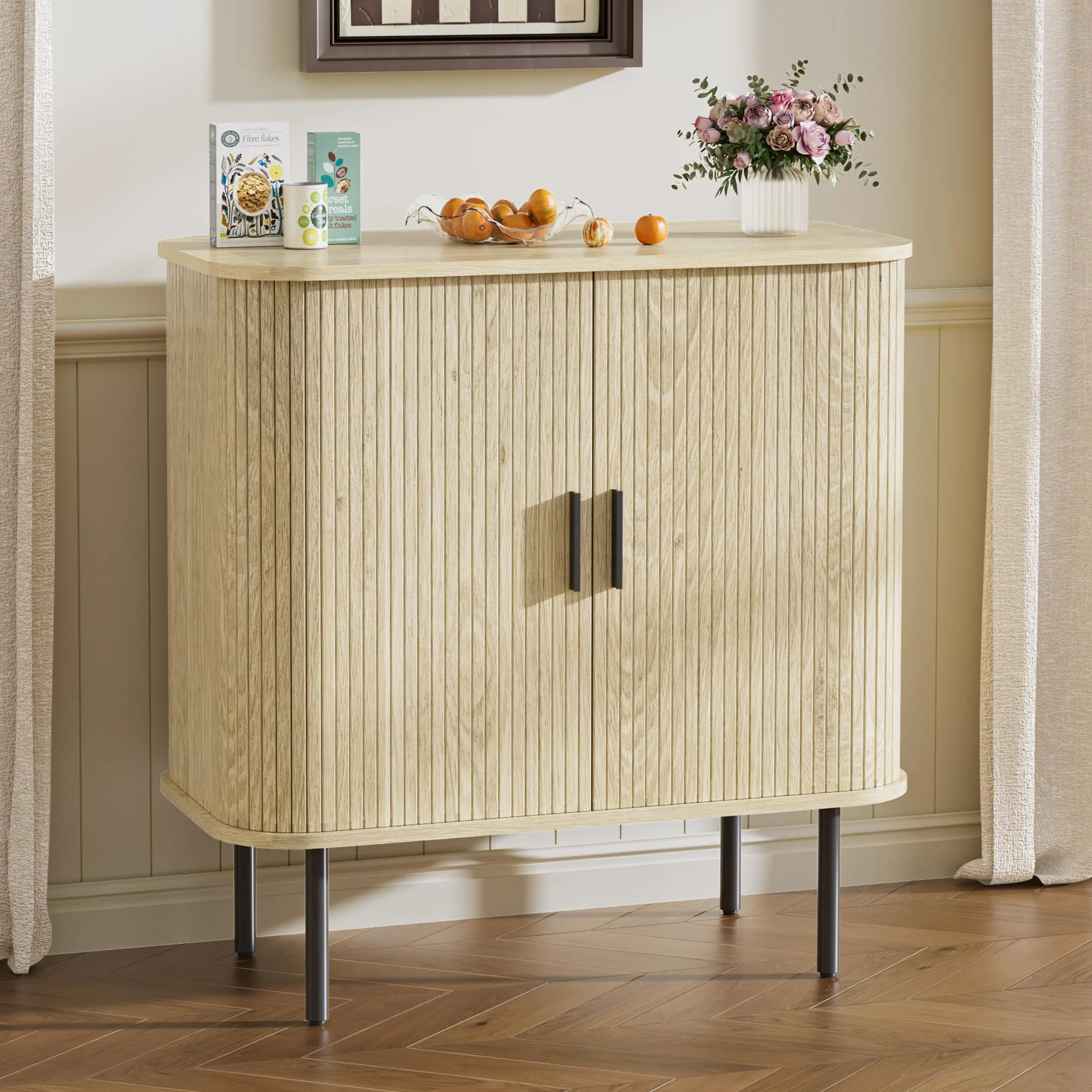 BonVache Credenza, mobile da cucina con 2 ante scorrevoli, ripiani regolabili, armadietto da caffè, credenza per cucina, sala da pranzo, soggiorno, 80 x 40 x 82 cm, colore legno