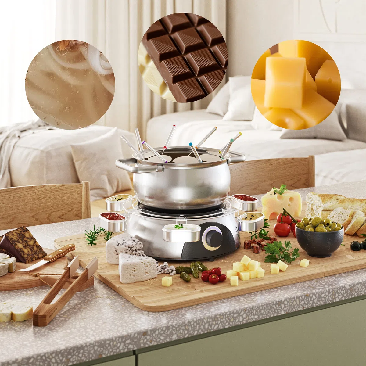 SUNTEC Fondue elettrica Fino a 8 Persone – Forchette + paraspruzzi + Supporto per Salse – Alternativa alla raclette – Pentola per Formaggio + Cioccolata + Grasso – Set in Acciaio Inox FON-8014 V2A