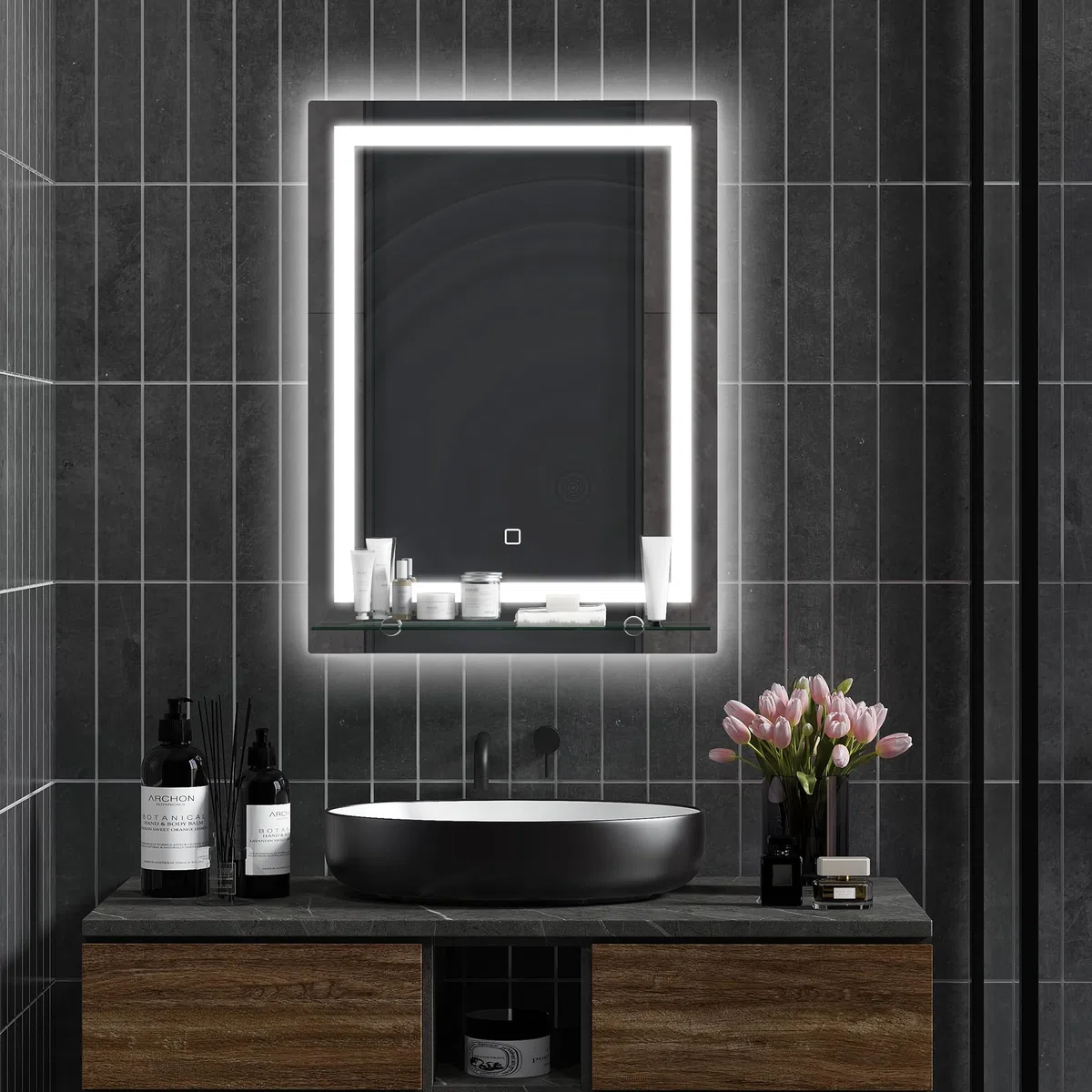 kleankin Specchio per Bagno a Luci LED a 3 Colori Regolabili con Mensola in Vetro, Specchio Illuminato con Funzione a Memoria in Alluminio e Vetro Temperato, 50x12x70 cm, IP44, Argento