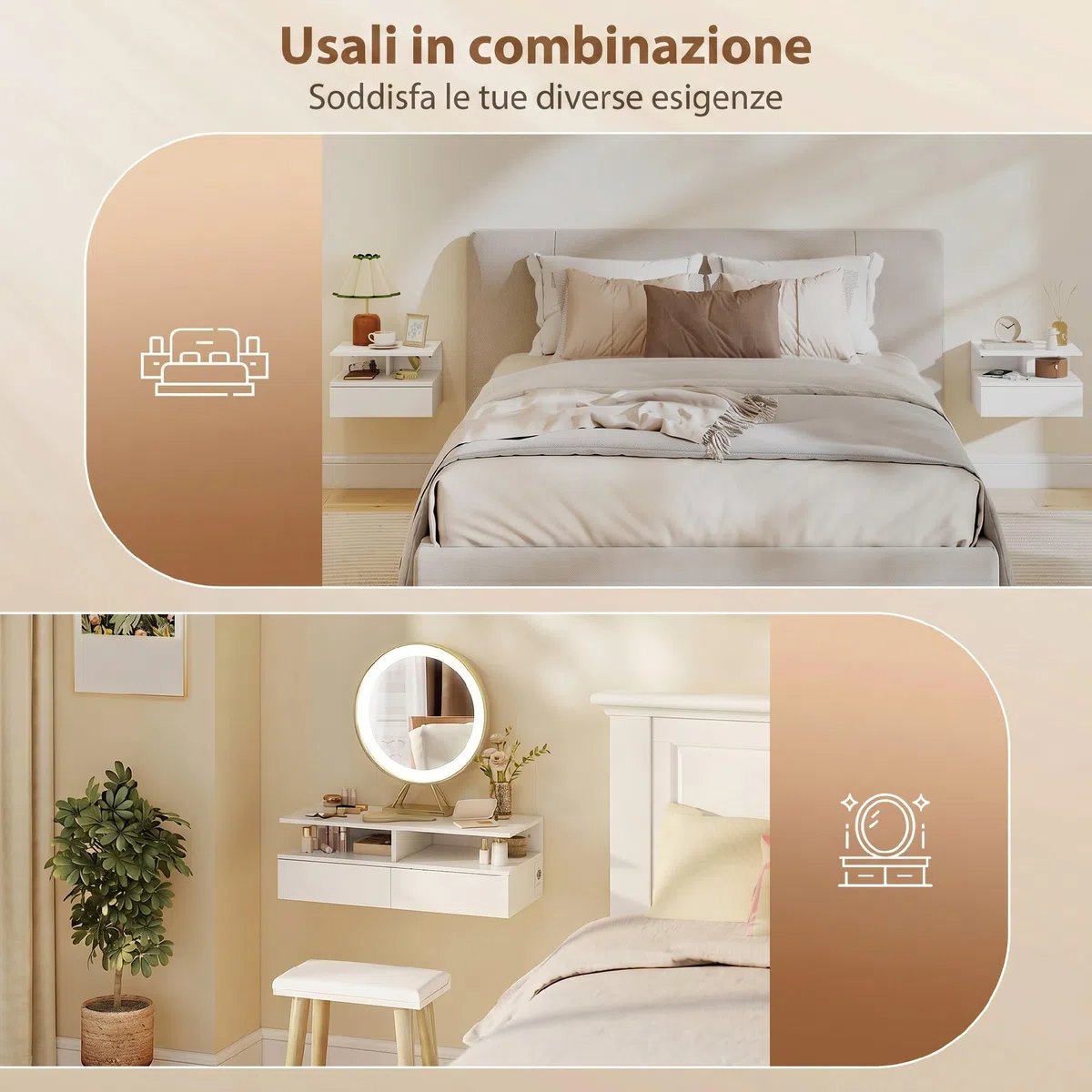 HOMCOM Set di 2 Comodini Camera da Letto Sospesi con Stazione di Ricarica, Coppia di Comodino Salvaspazio Moderno con Cassetto e Scomparto Aperto, Tavolini per Camera da Letto, 40x35x30 cm, Bianco