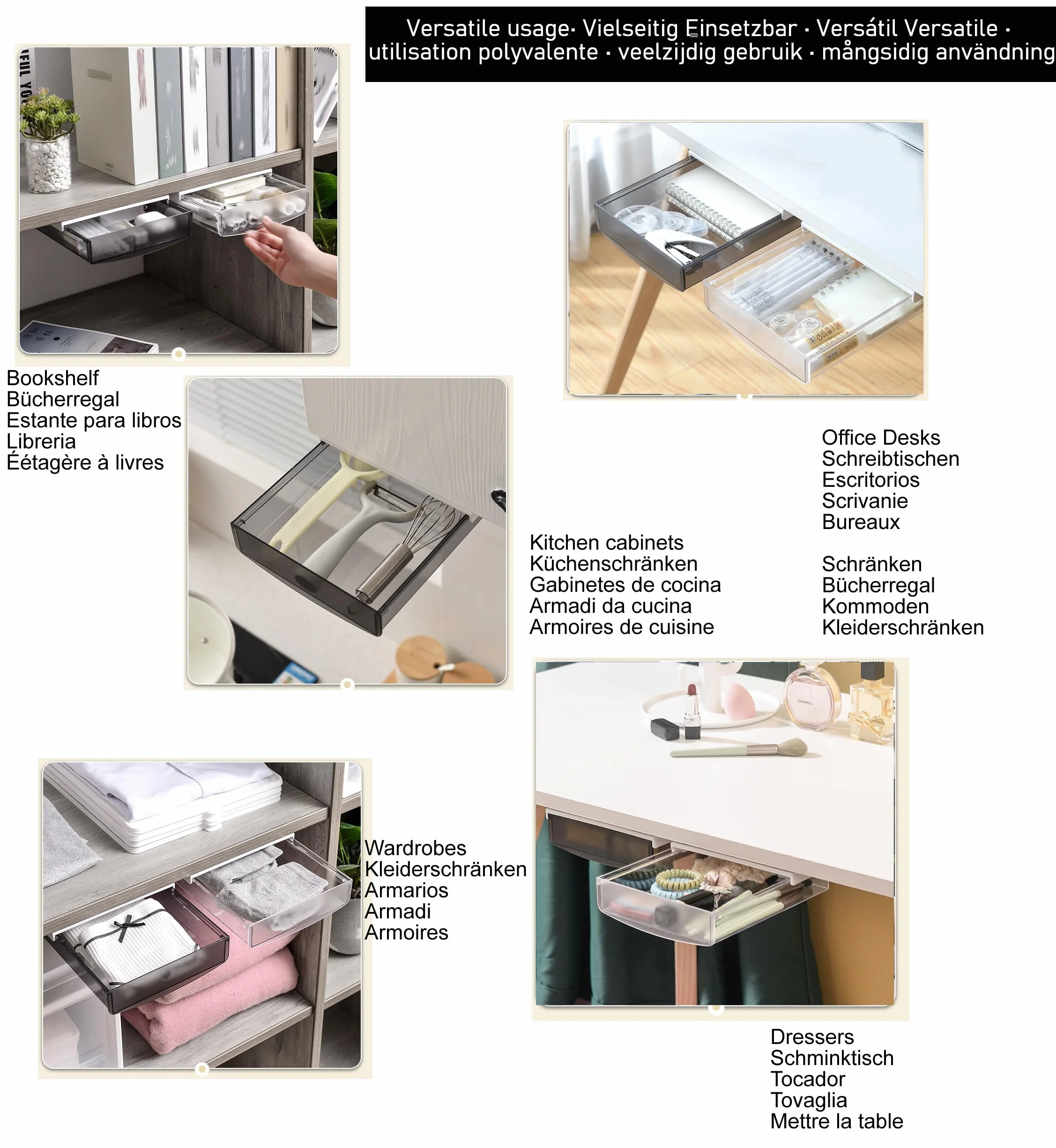 TUKA-i-AKUT 2X 1,7L Cassetti Sotto Scrivania, 21x18x5,4cmcm Autoadesivo Nascosta Cassetto Sottostruttura, Scatola di Portaoggetti Scrivania/Mobile/Libreria/Mobile da Cucina ecc. 2 Unità Nero TKD8607