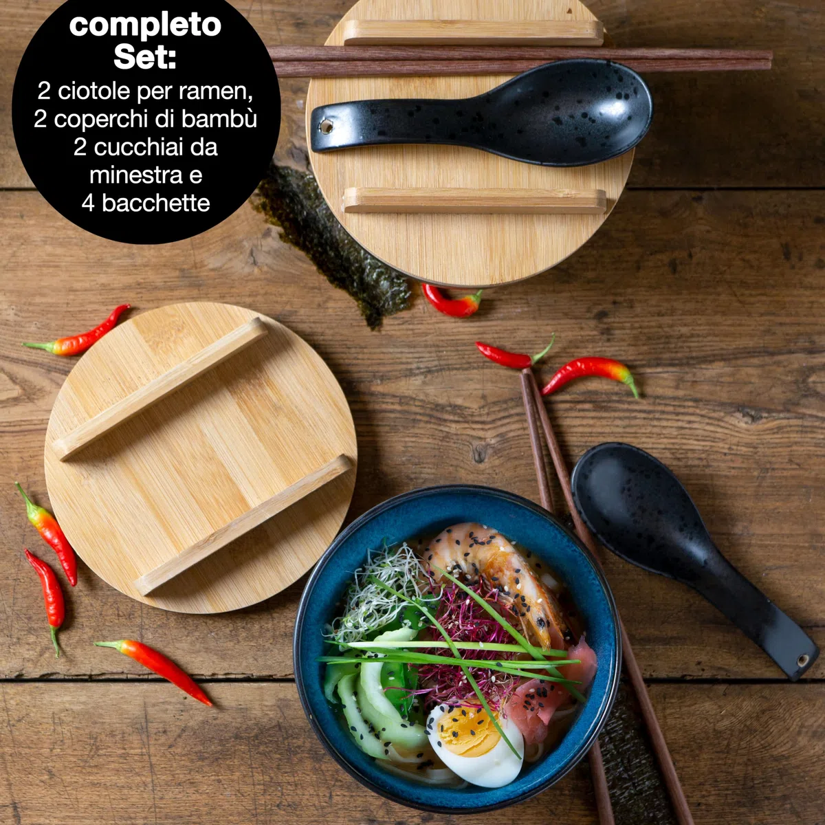 Moritz & Moritz SOLID Ramen - 2 ciotole in ceramica – 600 ml – 15 cm Ø – nero blu – Set per 2 persone – per zuppa, Pho e Sushi Bowl – Incl. bastoncini, coperchio e cucchiaio
