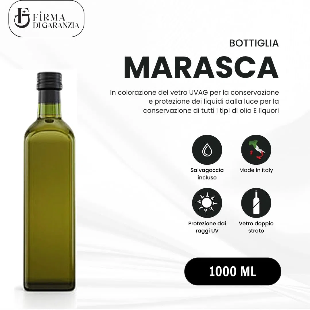 12 Bottiglie Per Olio E Liquore 1000 ml - Marasca Quadre Vuote In Vetro Scuro Uvag con Dosatore Olio Salvagoccia e Tappo Ermetico - Made In Italy - Uso professionale e domestico