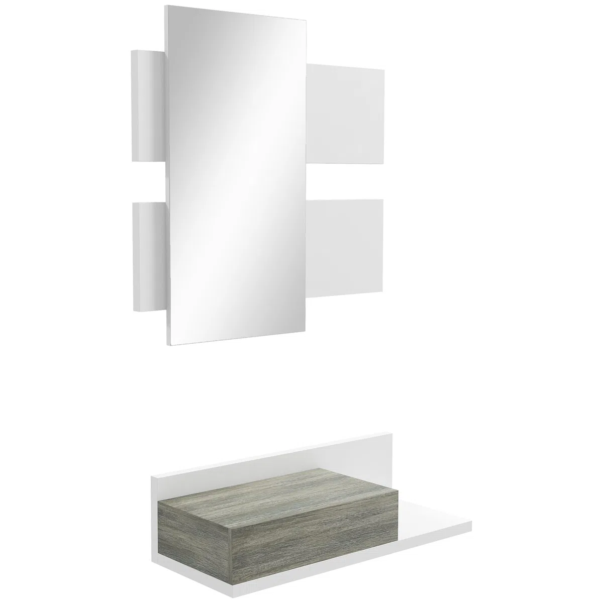 HOMCOM Mobile da Ingresso 2 in 1 con Specchio da Parete 75x3.5x75 cm e Cassetto 75x30.5x20 cm, Set da Ingresso in MDF e Vetro, Grigio e Bianco