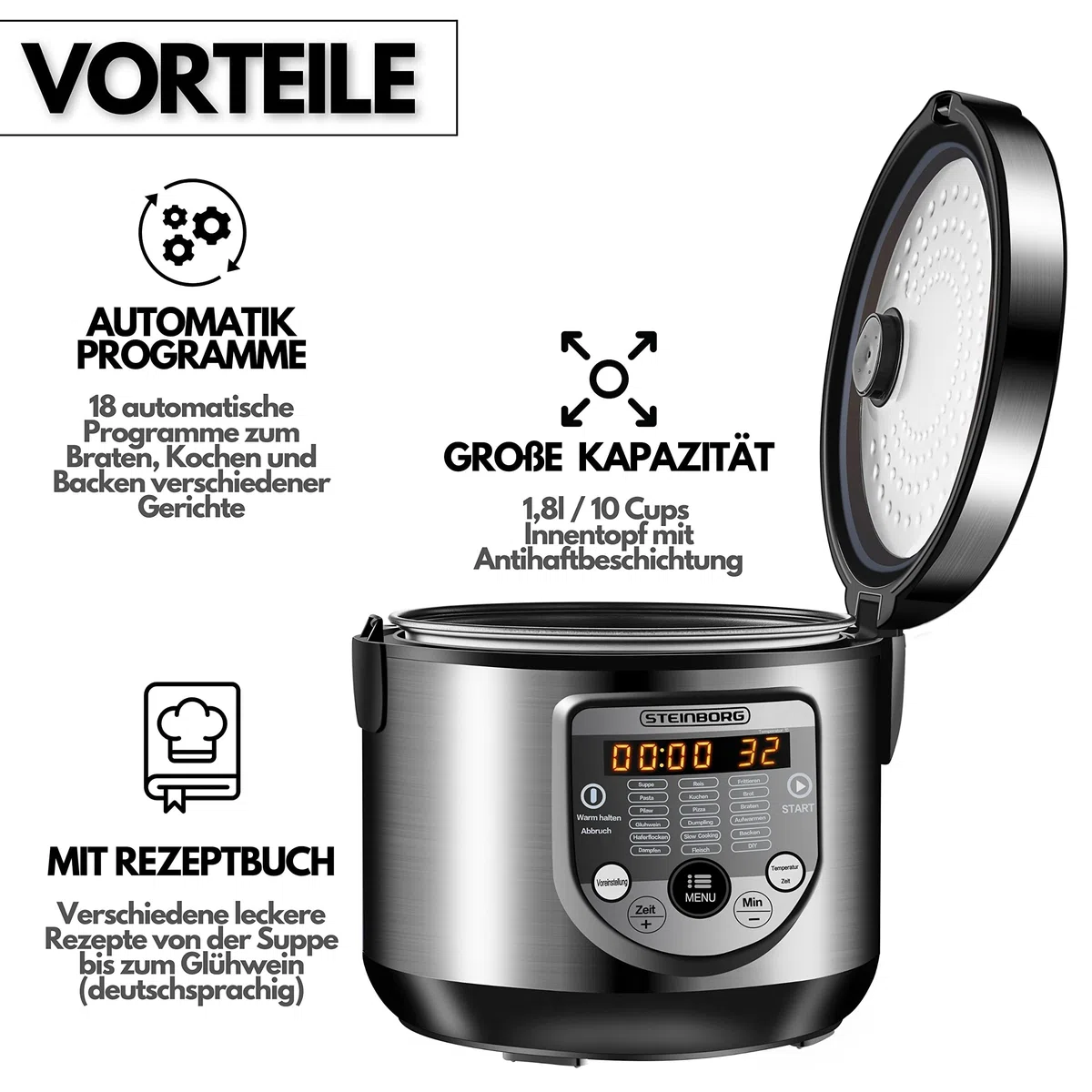 Pentola Multiuso 18 in 1 - 900 Watt, 5 Litri, Cuoci Riso, A Vapore, Padella per Saltare, Yogurt e Pressione