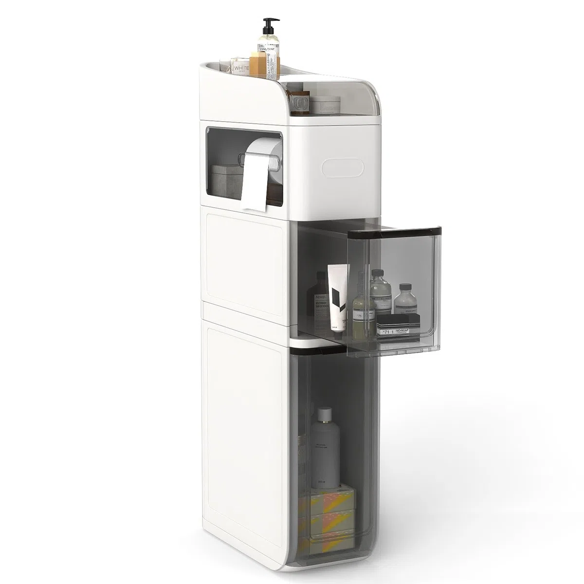 LIFEZEAL Carrellino Bagno Salvaspazio, Stretto, 18x43x88cm, Armadietto, Mobiletto Bagno con Ruote, con 2 Cassetti, Porta Carta Igienica, Piano Portaoggetti, Moderno, Cassettiera in Plastica (bianco)
