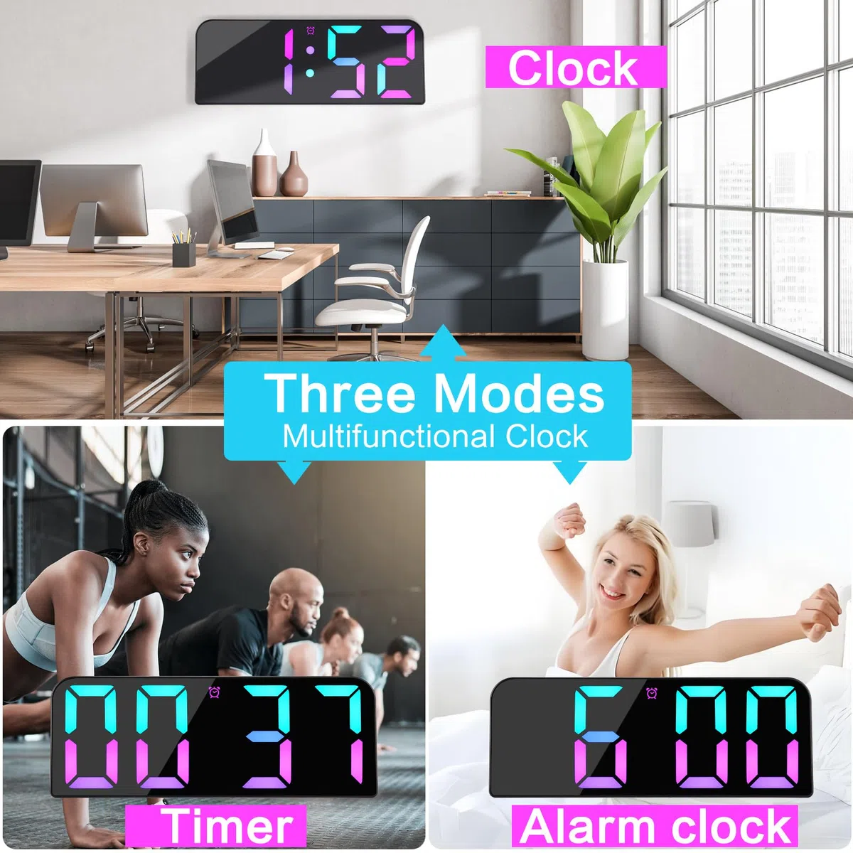 Koolertron Orologio da Parete Digitale Mini con Telecomando, 9.5" Moderni Orologio Sveglia Digitale con 8 Stili colori LED Display, 3 Allarme,Conteggio su/Giù,Ora,Data,Temperatura per Casa Cucina